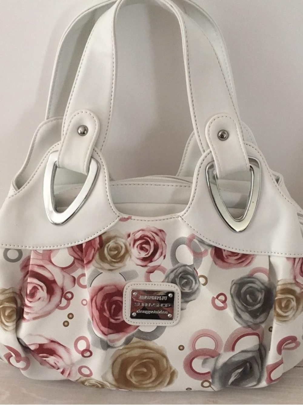 White Floral Tote Bag with Pink and Gray Roses